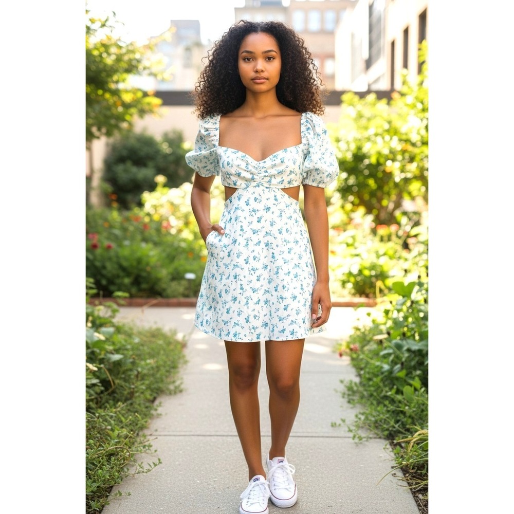 (E-131)ZARA Womens Floral Mini Dress Size M Blue White Puff Sleeve Cut Out Summe